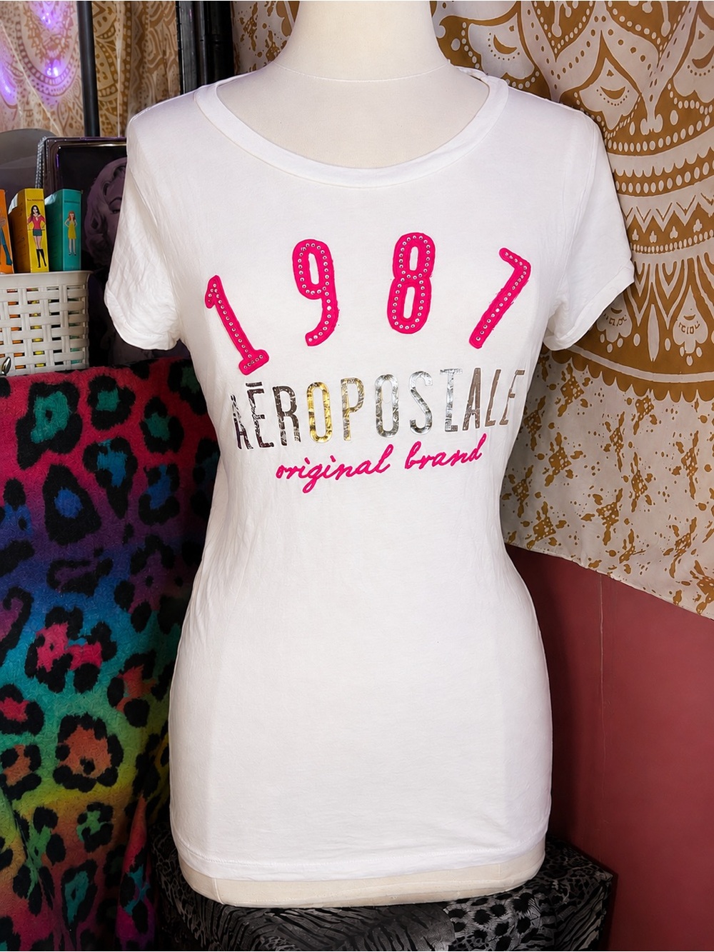 Y2K 2020s Aeropostale 1987 Graphic Tee - White with Pink Accents